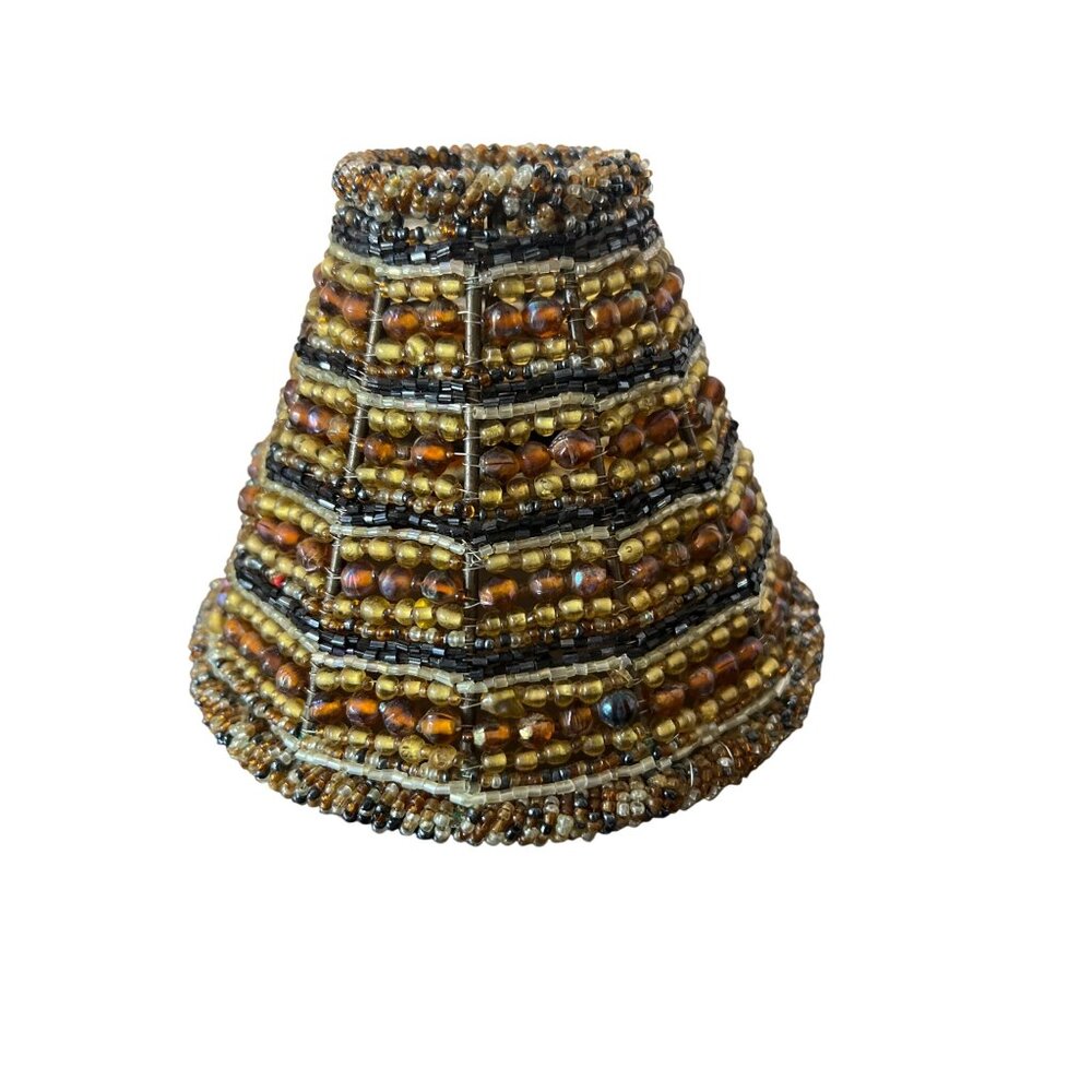 Beaded Small Lamp Shade Brown Gold Jar Candle 4.25" Tall Hole for sitting 2"